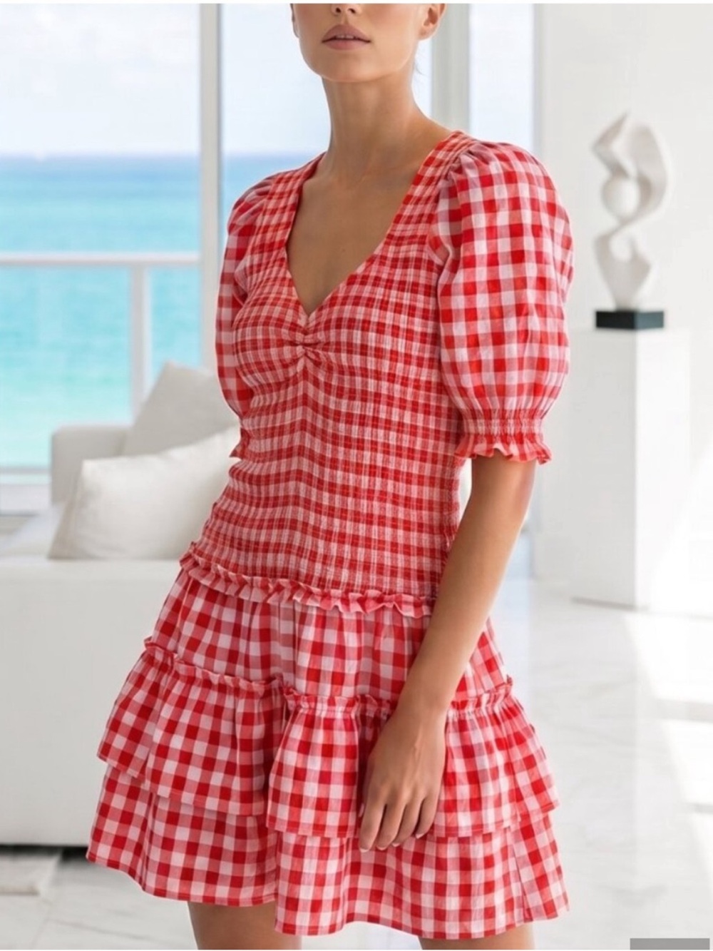 CAROLINE CONSTAS Sabrina red & pink gingham smocked mini dress puff sleeves S